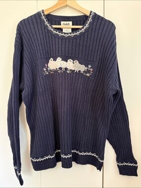 VINTAGE 90s Y2K Northern Reflections Navy Crewneck Sweater Sheep Embroidery L
